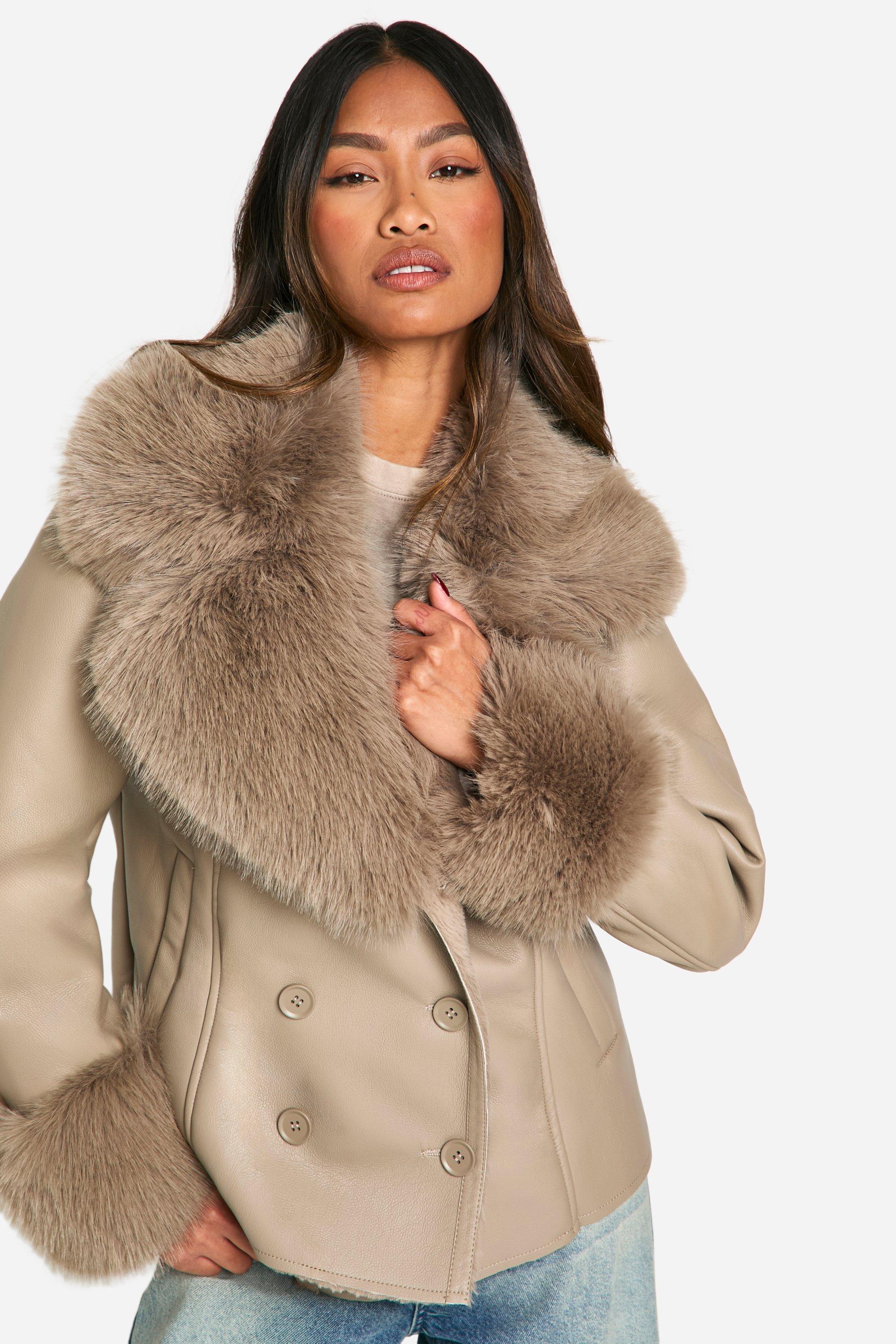 Faux Fur Collar Short Faux Leather Coat boohoo